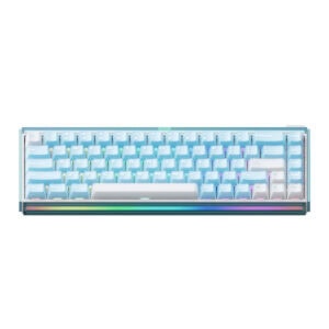 Compact draadloos gaming toetsenbord met blauwe en witte keycaps, RGB-verlichting en magnetische switches voor optimale prestaties en stijl.