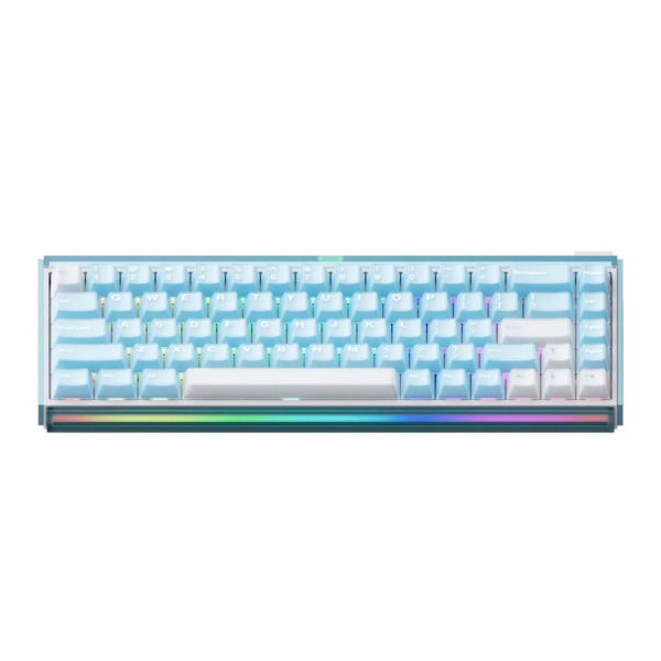 Compact draadloos gaming toetsenbord met blauwe en witte keycaps, RGB-verlichting en magnetische switches voor optimale prestaties en stijl.