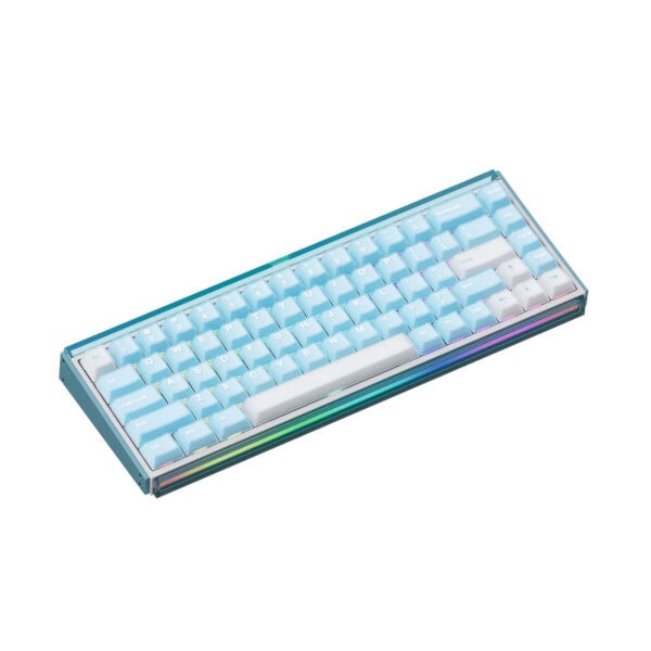 Compact draadloos gaming toetsenbord met blauwe en witte mechanische switches, RGB-verlichting en hall effect hot-swap functies, perfect voor gamers en tech-liefhebbers.