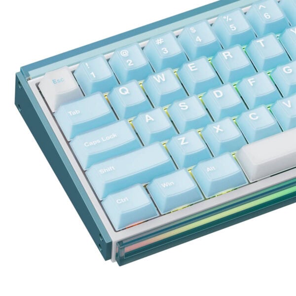 Compact AKKO Ray68 HE Blue White 65% draadloos gaming toetsenbord met magnetische switches, ARGB-verlichting en hall effect hot-swap technologie voor optimale prestaties.
