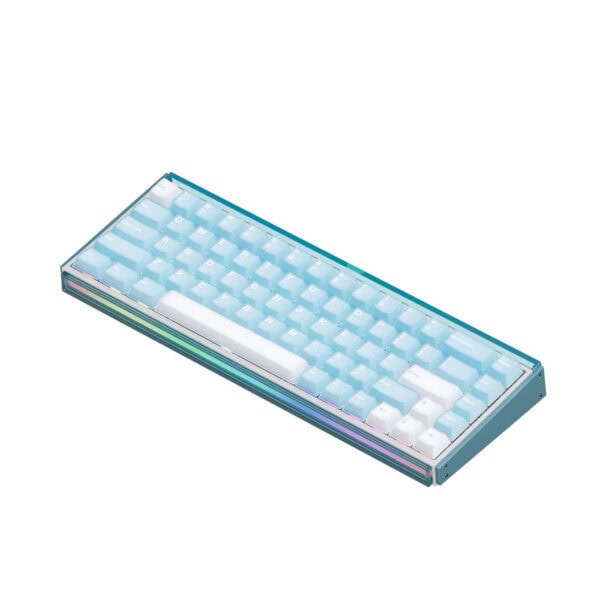 Compact draadloos gaming toetsenbord met blauwe en witte mechanische switches, RGB-verlichting en hall effect hot-swap functies, perfect voor gamers en techliefhebbers.