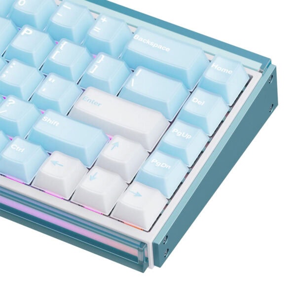 Toetsenbord met blauwe en witte mechanische switches, draadloos en met ARGB-verlichting, geschikt voor gaming en programmeerwerk. Compact 65% layout met magnetische switches en hall-effect technologie.