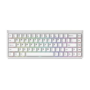 Wit compact gaming toetsenbord met RGB-verlichting, magnetische switches, draadloze connectie en hall effect technologie, perfect voor gamers en computerliefhebbers.