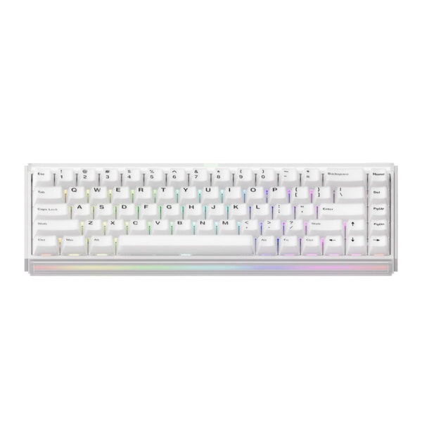 Compact witte gaming toetsenbord met 65% layout, magnetische switches, ARGB-verlichting, draadloos en Hall-effect hotswap technologie, ideaal voor gamers en professionals.