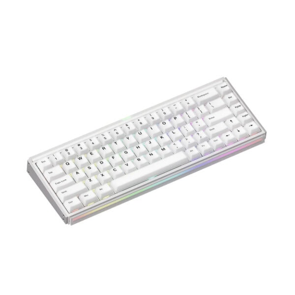 Compact draadloos gaming toetsenbord met witte keycaps, RGB-verlichting en magnetische switches, geschikt voor gamers en professionals.