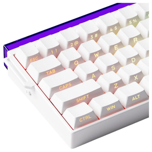 Close-up van het Akko Shine60 HE mechanisch gaming toetsenbord met witte keycaps en RGB-verlichting, ideaal voor gamers en programmeurs.