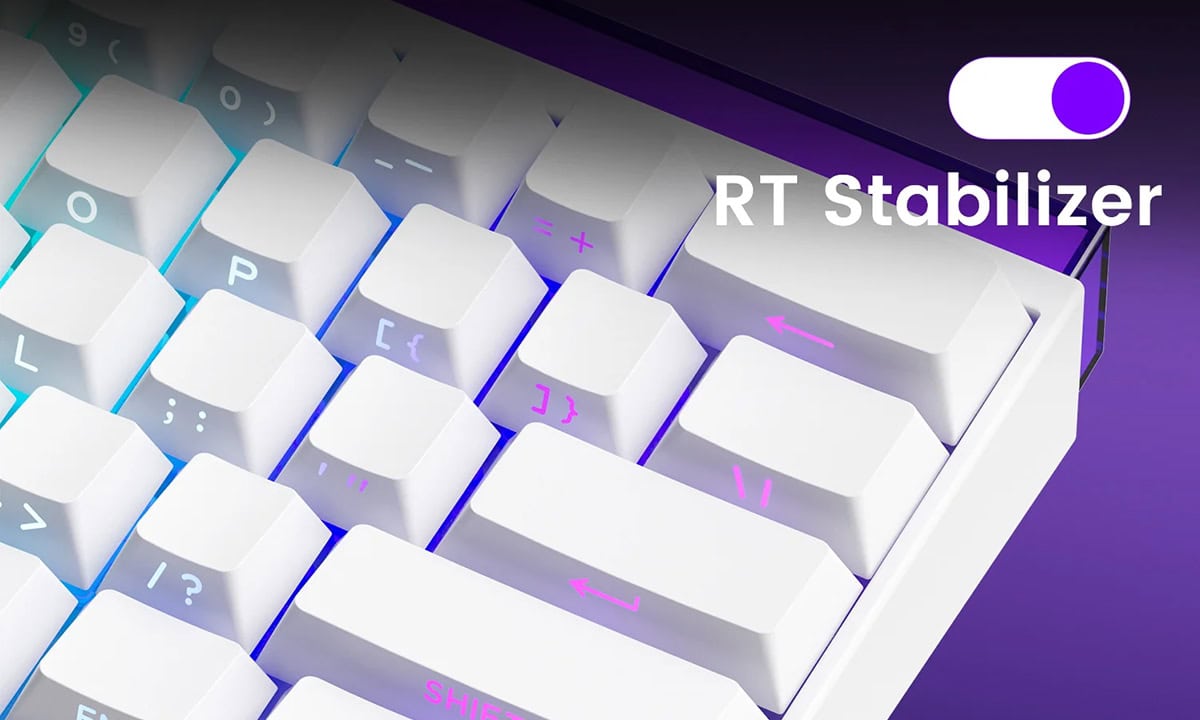 Close-up van het AKKO Shine60 HE gaming toetsenbord met magnetische switches, RGB-verlichting en hall effect technologie, ideaal voor gamers en professionele gebruikers.