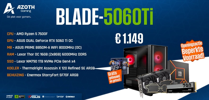 Blade-5060TI Gaming PC met RTX 3060 Gaming PC Blade-5060TI met krachtige AMD Ryzen 7 5700F, NVIDIA GeForce RTX 3060, en snelle SSD, ideaal voor gamers en content creators.