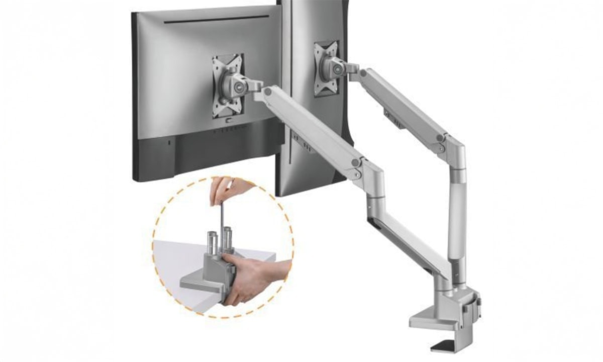 Robuuste Grijze Dubbele Monitorarm voor 17-32 inch schermen.