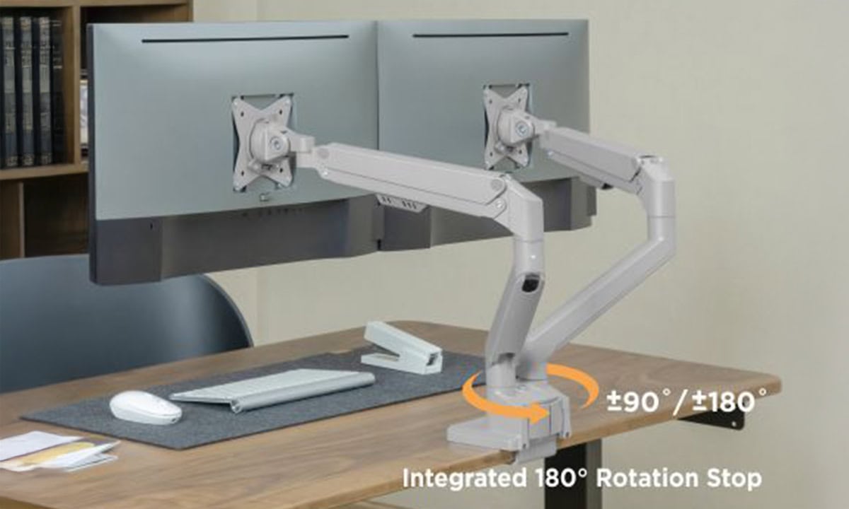 Grijze dubbele monitorarm met gasveer voor 17-32 inch schermen, geschikt voor ergonomisch werken en verstelbaarheid.