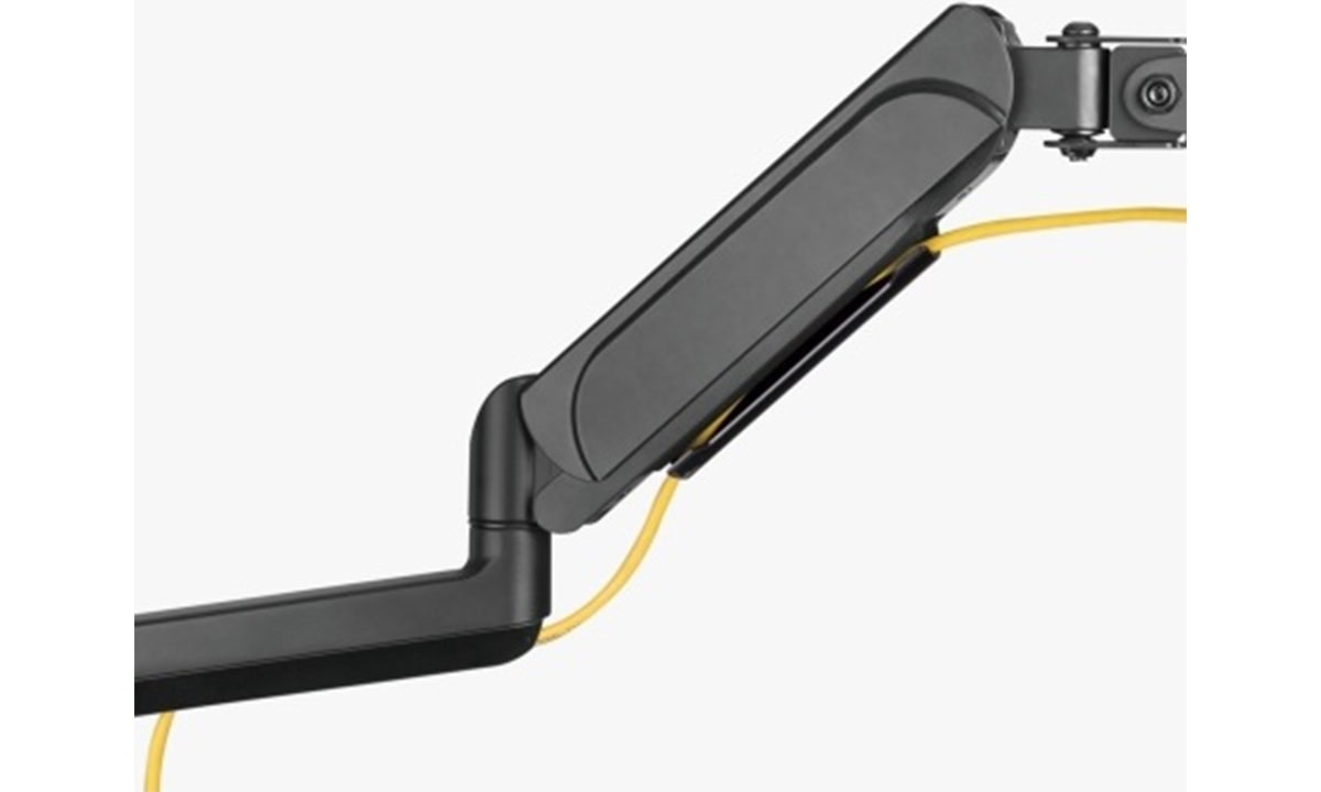 Flexibele dubbele monitorarm van Brateck, compatibel met 17-32 inch schermen, voorzien van gasveer voor eenvoudige hoogteverstelling en optimale ergonomie.