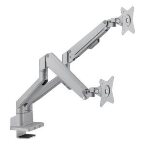 Grijze dubbele monitorarm met gasveer voor 17-32 inch schermen, verstelbaar en geschikt voor ergonomisch werken.