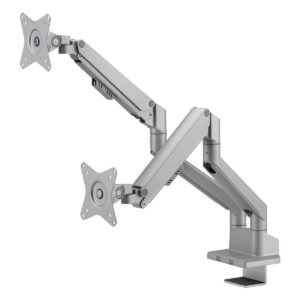 Grijze dubbele monitorarm met gasveer voor 17-32 inch schermen, geschikt voor ergonomisch werken en optimale schermpositie.