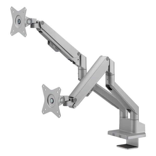 Grijze dubbele monitorarm met gasveer voor 17-32 inch schermen, geschikt voor ergonomisch werken en optimale schermpositie.