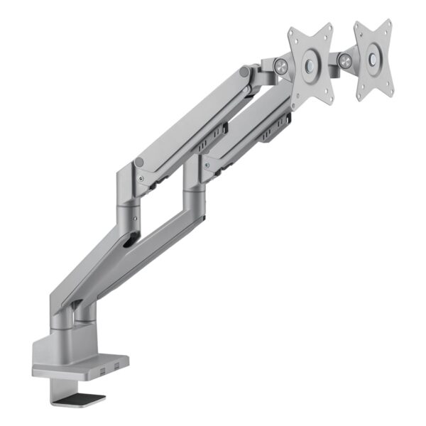 Grijze dubbele monitorarm van Brateck met gasveer, geschikt voor 17-32 inch schermen, ideaal voor ergonomisch werken en optimale monitorpositie.