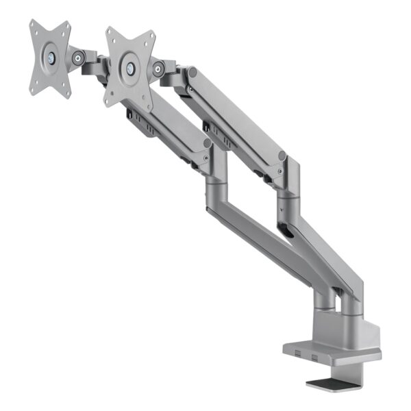 Grijze dubbele monitorarm met gasveer voor 17-32 inch schermen, geschikt voor ergonomisch werkplezier en optimale schermpositie.