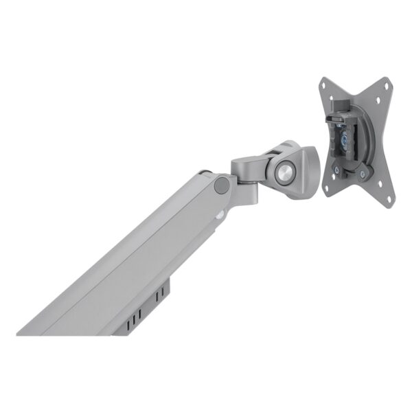 Grijze dubbele gasveer monitorarm voor 17-32 inch schermen, compatibel met verschillende monitoren, ideaal voor ergonomisch werkplezier.