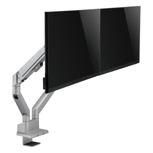 Robuuste Grijze Dubbele Monitorarm voor 17-32 inch schermen met gasveer, ideaal voor ergonomisch werken en optimale schermpositie, compatibel met diverse monitorformaten.