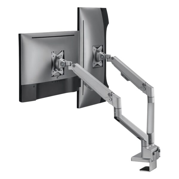 Grijze dubbele monitorarm met gasveer voor 17-32 inch schermen, geschikt voor ergonomisch werken en optimale schermpositie.