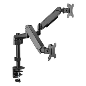 Verstelbare dubbele monitorarm met gasveer voor 17-32 inch schermen, geschikt voor ergonomisch werken en optimale schermpositie.