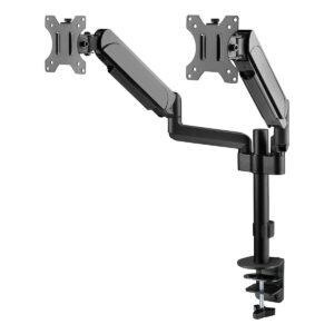 Dubbele monitorarm met gasveer, geschikt voor 17-32 inch schermen, in hoogte verstelbaar, ideaal voor ergonomisch werken en gaming setups.