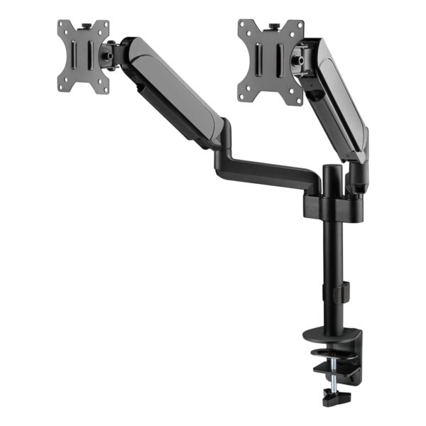 Dubbele monitorarm met gasveer, geschikt voor 17-32 inch schermen, in hoogte verstelbaar, ideaal voor ergonomisch werken en gaming setups.