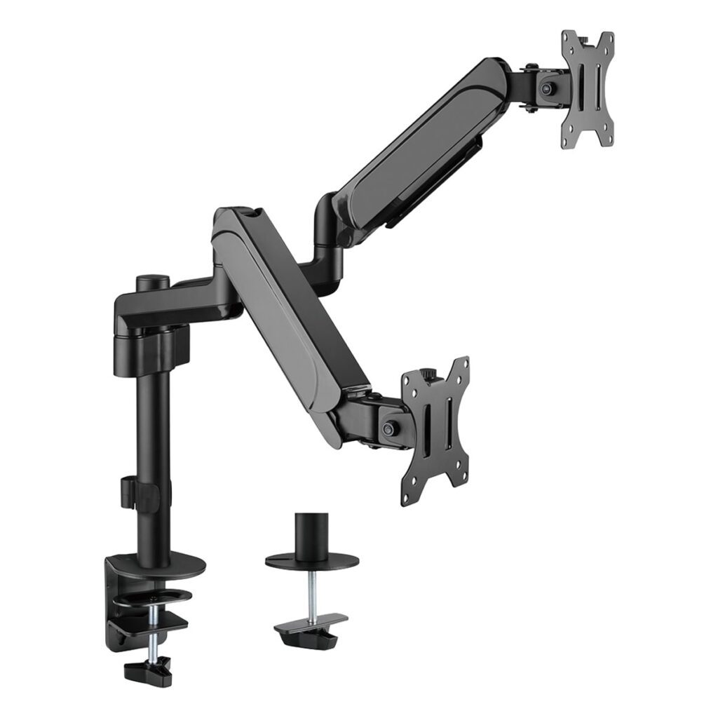 Dubbele monitorarm van Brateck met gasveer, geschikt voor 17-32 inch schermen, verstelbaar in hoogte en hoek, ideaal voor ergonomisch werken.