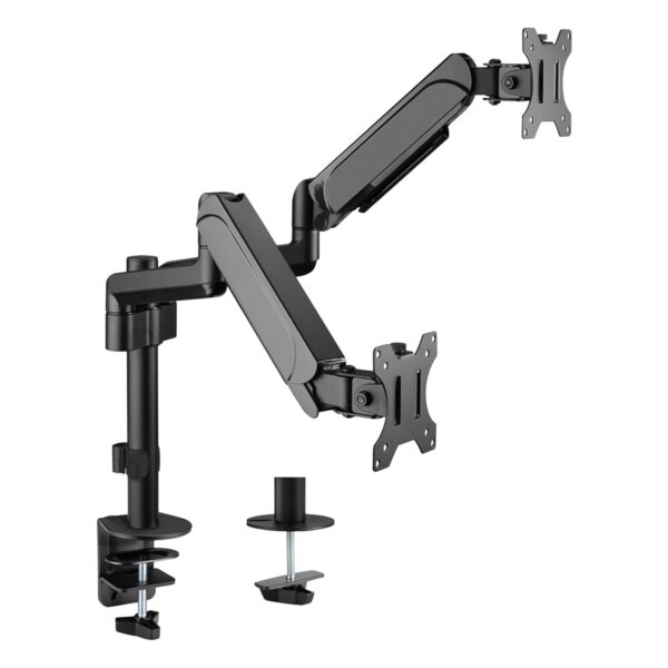 Dubbele monitorarm van Brateck met gasveer, geschikt voor 17-32 inch schermen, verstelbaar in hoogte en hoek, ideaal voor ergonomisch werken.