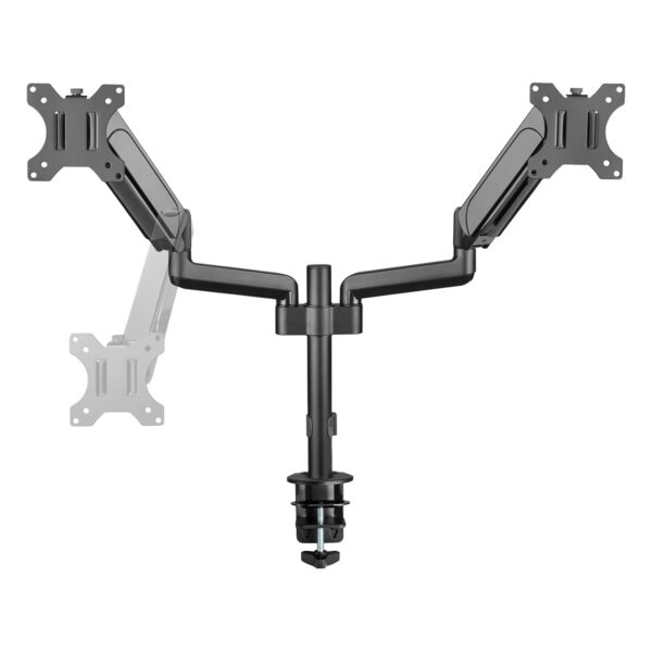 Dubbele monitorarm met gasveer, verstelbaar voor 17-32 inch schermen, geschikt voor ergonomisch werken en optimale schermpositie.