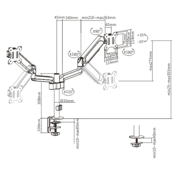 Robuuste dubbele monitorarm met gasveer, geschikt voor 17-32 inch schermen, in hoogte verstelbaar en met draaibare armen voor optimale werkplek ergonomie.