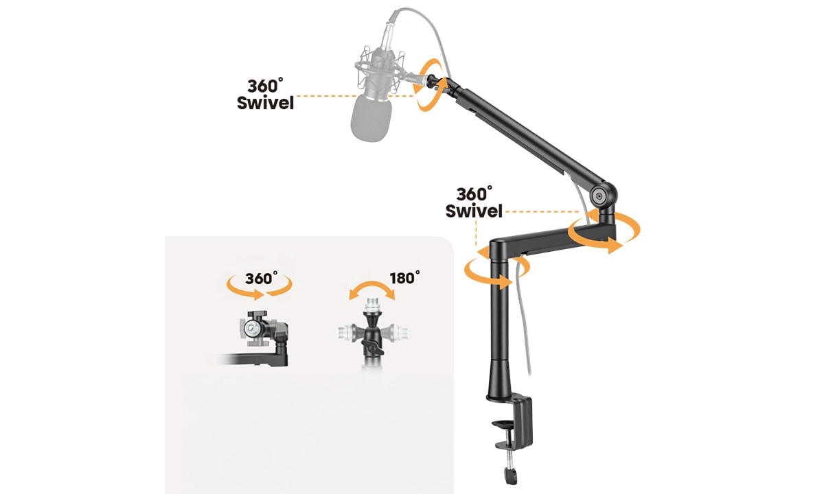Flexibele Brateck microfoonarm met 360° rotatie en verstelbare arm voor optimale positionering, ideaal voor streaming, podcasting en opname.