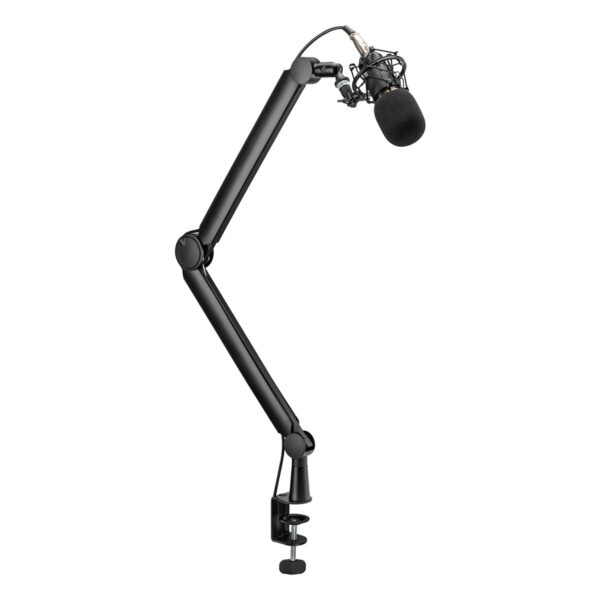 Professionele microfoonarm van Brateck, geschikt voor streaming, podcasting en opname, met verstelbare arm en stevige klem voor optimale positionering.