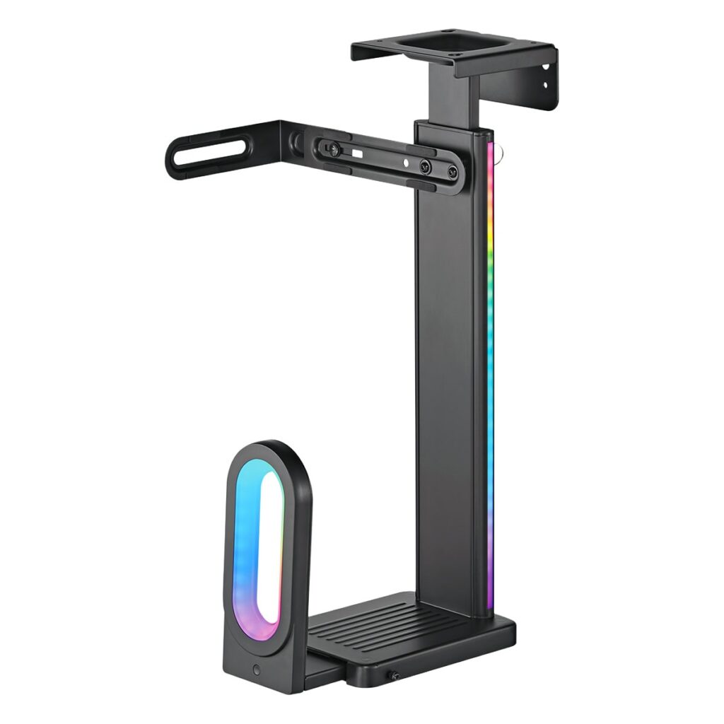 Zwarte onderbureaushouder met RGB-verlichting, geschikt voor het bevestigen van een PC of monitor, eenvoudig te installeren en ideaal voor een georganiseerde werkplek.