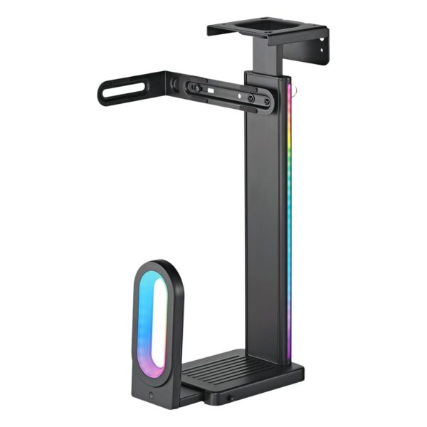 Zwarte onderbureaushouder met RGB-verlichting, geschikt voor het bevestigen van een PC of monitor, eenvoudig te installeren en ideaal voor een georganiseerde werkplek.