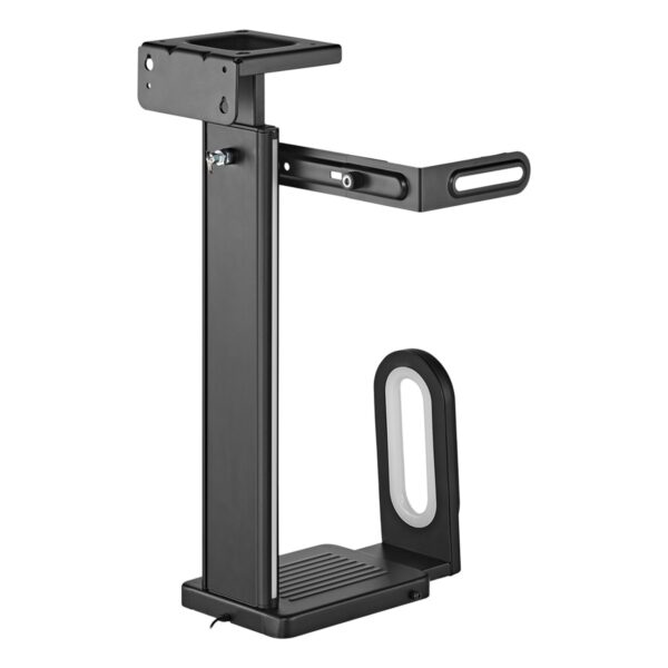 Zwarte onder-bureau wandgemonteerde PC houder met RGB-verlichting, eenvoudig te installeren, geschikt voor gaming setups en kantoorgebruik.
