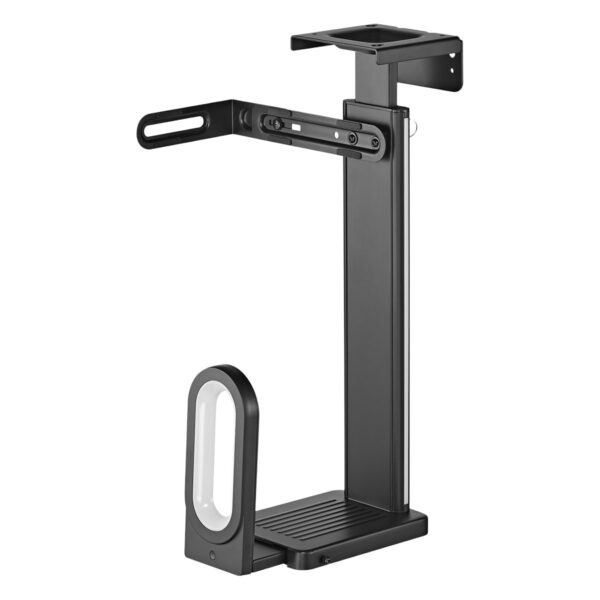 Zwarte onder-bureau wandgemonteerde PC houder met RGB-verlichting, eenvoudig te installeren, geschikt voor gaming setups en kantoorgebruik.