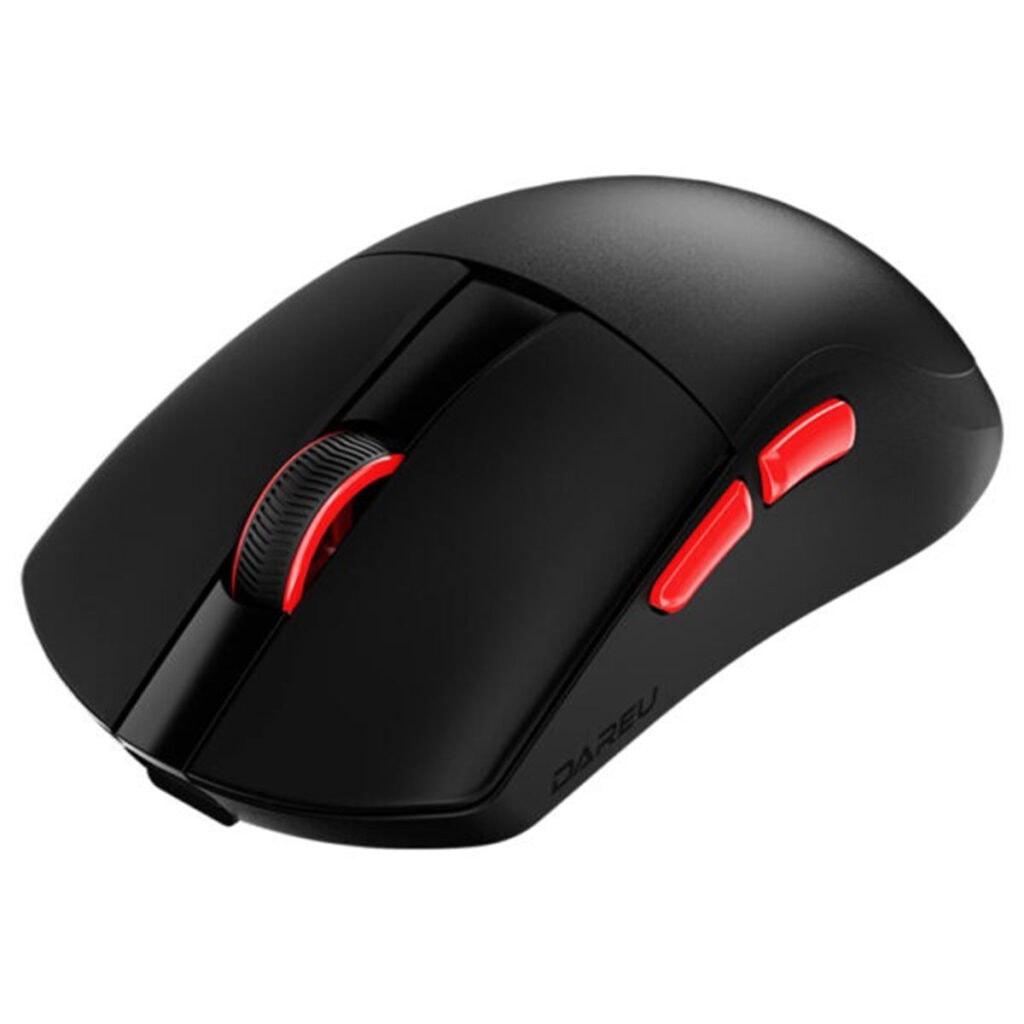 Zwarte DAREU A950 WING gaming muis met rode accenten, draadloze ontwerp en hoge precisie sensor, ideaal voor competitief gamen en professionele gamers.