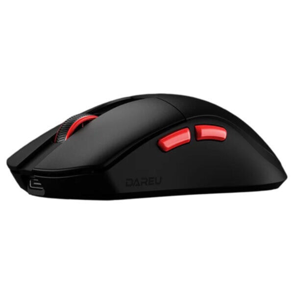 Zwarte DAREU A950 WING gaming muis met rode knoppen en draadloze connectie, ideaal voor precisie en snelheid tijdens gaming.