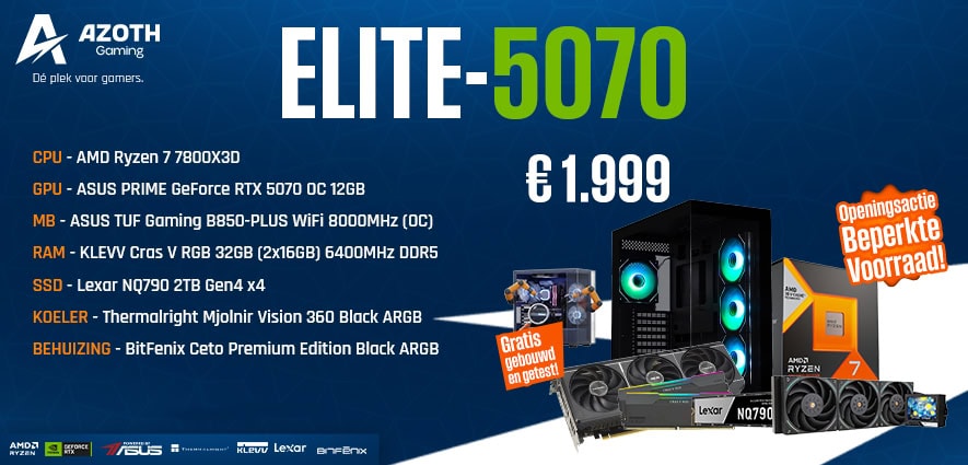 Elite-5070 Gaming PC met AMD Ryzen en RTX 3070 Elite-5070 gaming pc met krachtige AMD Ryzen 7 7800X3D en ASUS GeForce RTX 3070 OC 12GB, ideaal voor gamers en content creators.