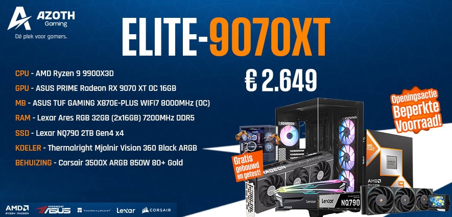Azoth Gaming Elite-9070XT Gaming PC Hoogwaardige gaming-pc Azoth Gaming Elite-9070XT met AMD Ryzen 9, ASUS Radeon RX 9700 XT, 32GB RAM en krachtige koeling, ideaal voor gamers en content creators.