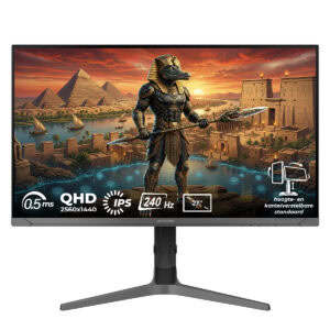 Gaming monitor met Egyptisch thema, met een afbeelding van een Egyptische krijger in een oude stad met piramides op de achtergrond, ideaal voor gamers en liefhebbers van Egyptische geschiedenis.
