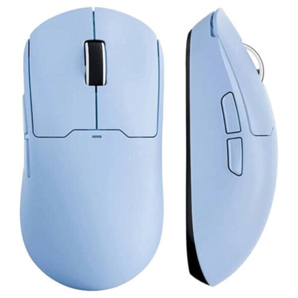 Lichtblauwe gaming muis met draadloze en bedrade opties, ontworpen voor precisie en comfort, perfect voor gamers die hoge prestaties zoeken.
