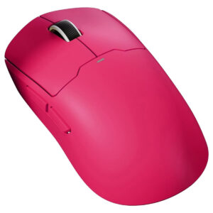 Roze draadloze gaming muis met 8K Hz bedrade en 4K Hz draadloze connectiviteit.