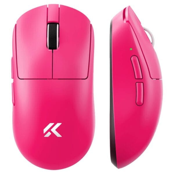 Roze draadloze gaming muis met PAW3395 sensor, 8K Hz polling rate, ergonomisch ontwerp, geschikt voor precisie gaming en e-sports.