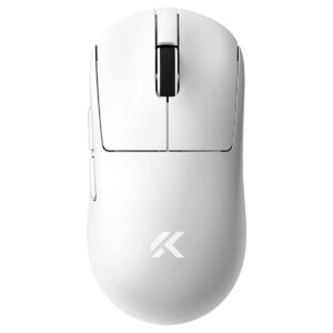 Wit Azoth Gaming Muis A7 V2 Pro met 8K Hz PAW3395 sensor, draadloos en symmetrisch ontwerp, ideaal voor competitief gamen en precisie.