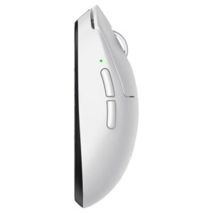 Witte draadloze gaming muis met symmetrisch ontwerp, 8K Hz polling rate en PAW3395 sensor, ideaal voor competitief gamen en precisie.
