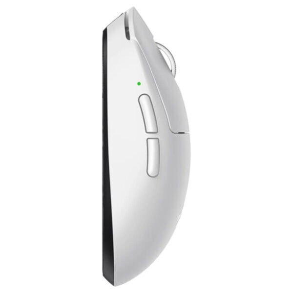 Witte draadloze gaming muis met symmetrisch ontwerp, 8K Hz polling rate en PAW3395 sensor, ideaal voor competitief gamen en precisie.