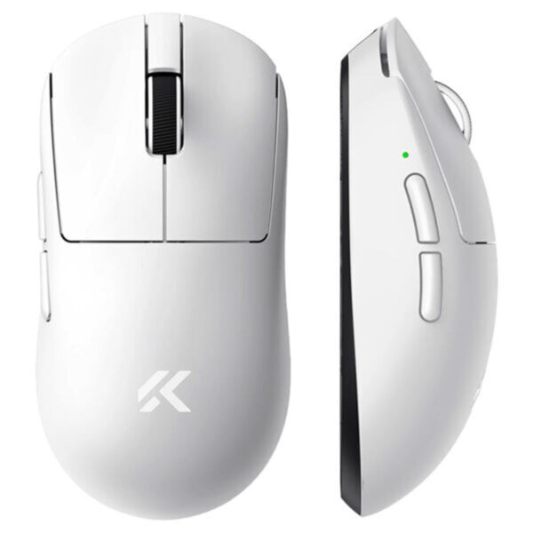 Wit draadloze gaming muis met symmetrisch ontwerp, 8K Hz polling rate en PAW3395 sensor, ideaal voor competitief gamen en precisie.