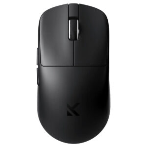 Zwart draadloze gaming muis met 8K Hz PAW3950 sensor en symmetrisch ontwerp, ideaal voor competitief gamen en precisie.