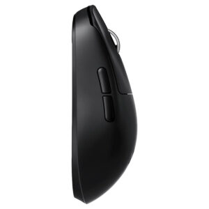 Zwarte draadloze gaming muis met symmetrisch ontwerp, 8K Hz PAW3950 sensor, geschikt voor competitief gamen en precisiecontrole.